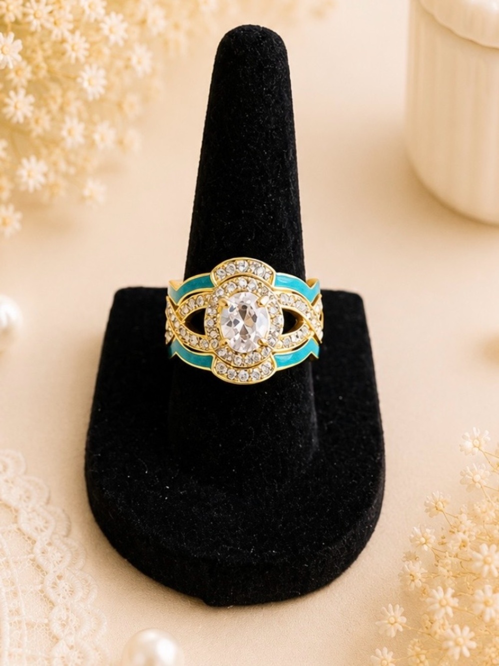 Gold-Tone Clear Oval Stone Center  Turquoise Accents Triple Band Ring Size 7
